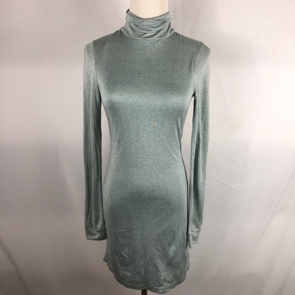 DuO Turtleneck Metallic Mint Open Back Mini Dress - Picture 8 of 9